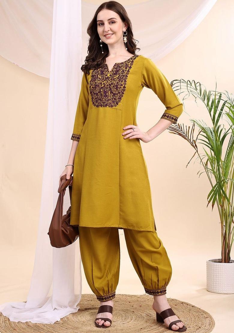 Olive Embroidered Viscose Kurta Set - Indya