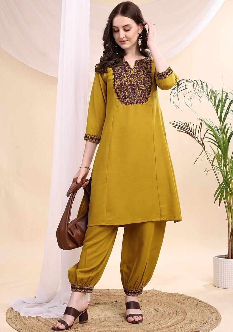 Olive Embroidered Viscose Kurta Set - Indya