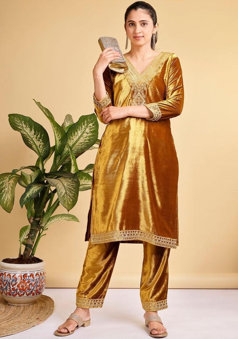 Gold Embroidered Velvet Kurta Set - Indya