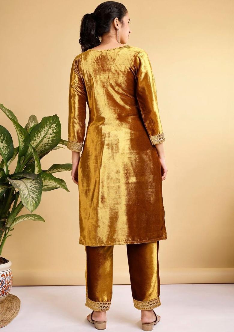 Gold Embroidered Velvet Kurta Set - Indya