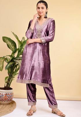 Purple Embroidered Velvet Kurta Set