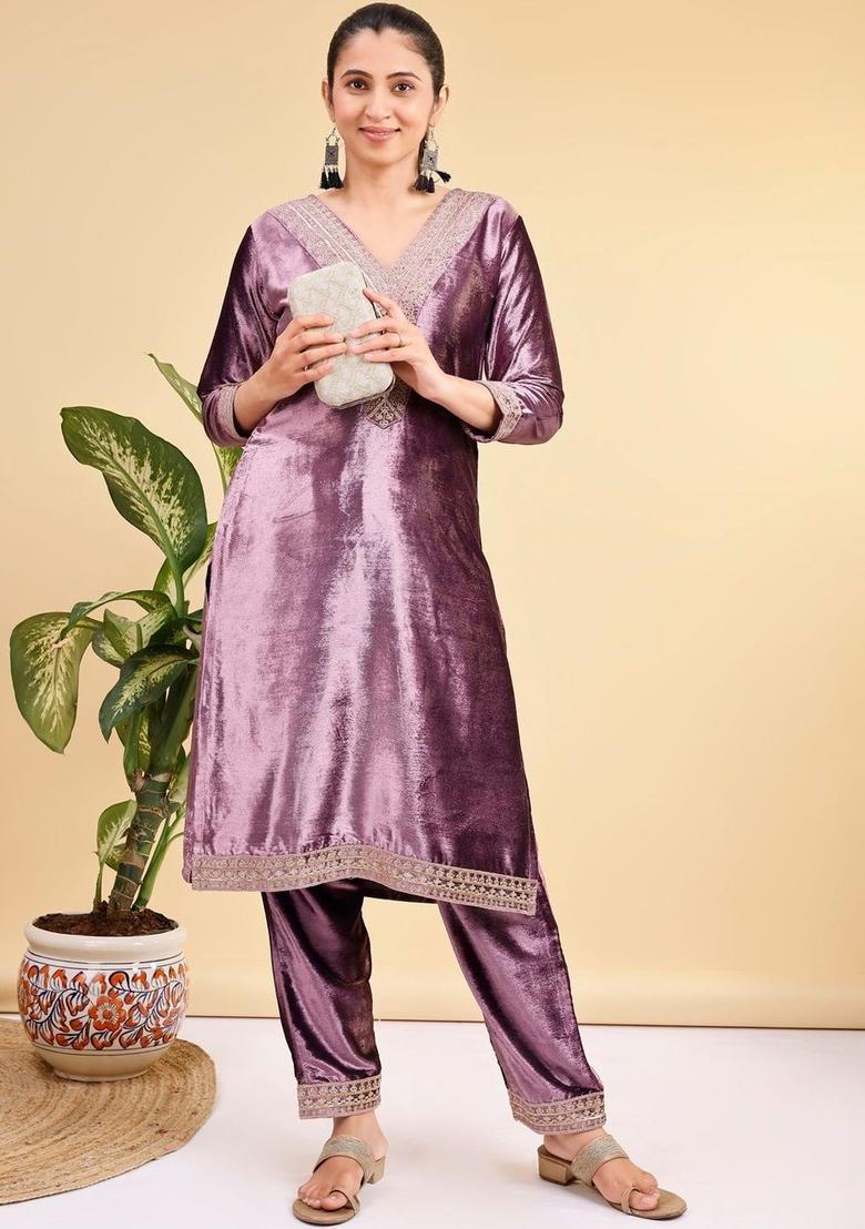 Purple Embroidered Velvet Kurta Set - Indya