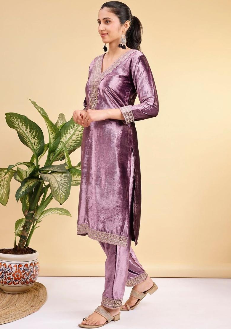 Purple Embroidered Velvet Kurta Set - Indya