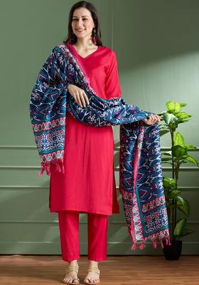 Red Solid Viscose Kurta Set
