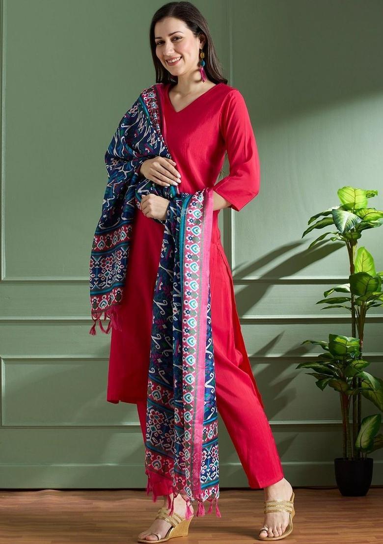 Red Solid Viscose Kurta Set - Indya