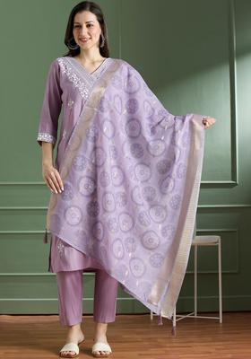 Lavender Embroidered Silk Kurta Set