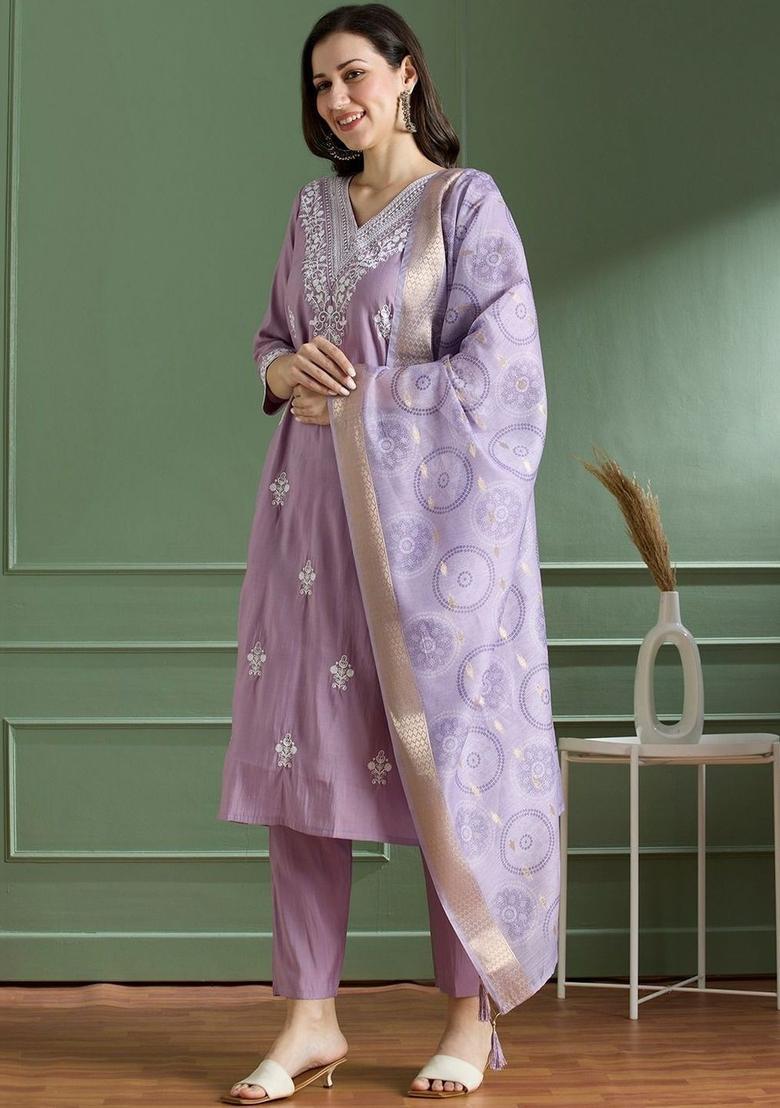 Lavender Embroidered Silk Kurta Set - Indya