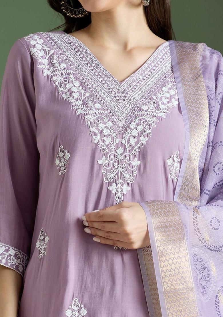 Lavender Embroidered Silk Kurta Set - Indya