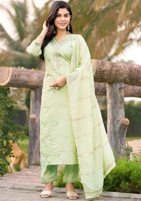 Lime Green Embroidered Silk Blend Kurta Set