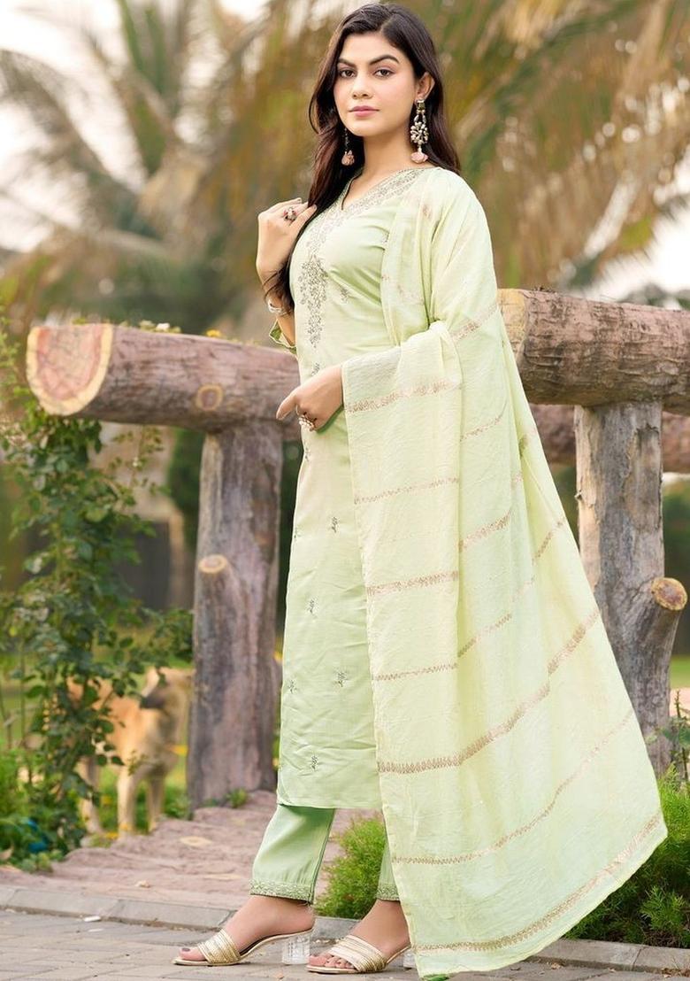 Lime Green Embroidered Silk Kurta Set - Indya