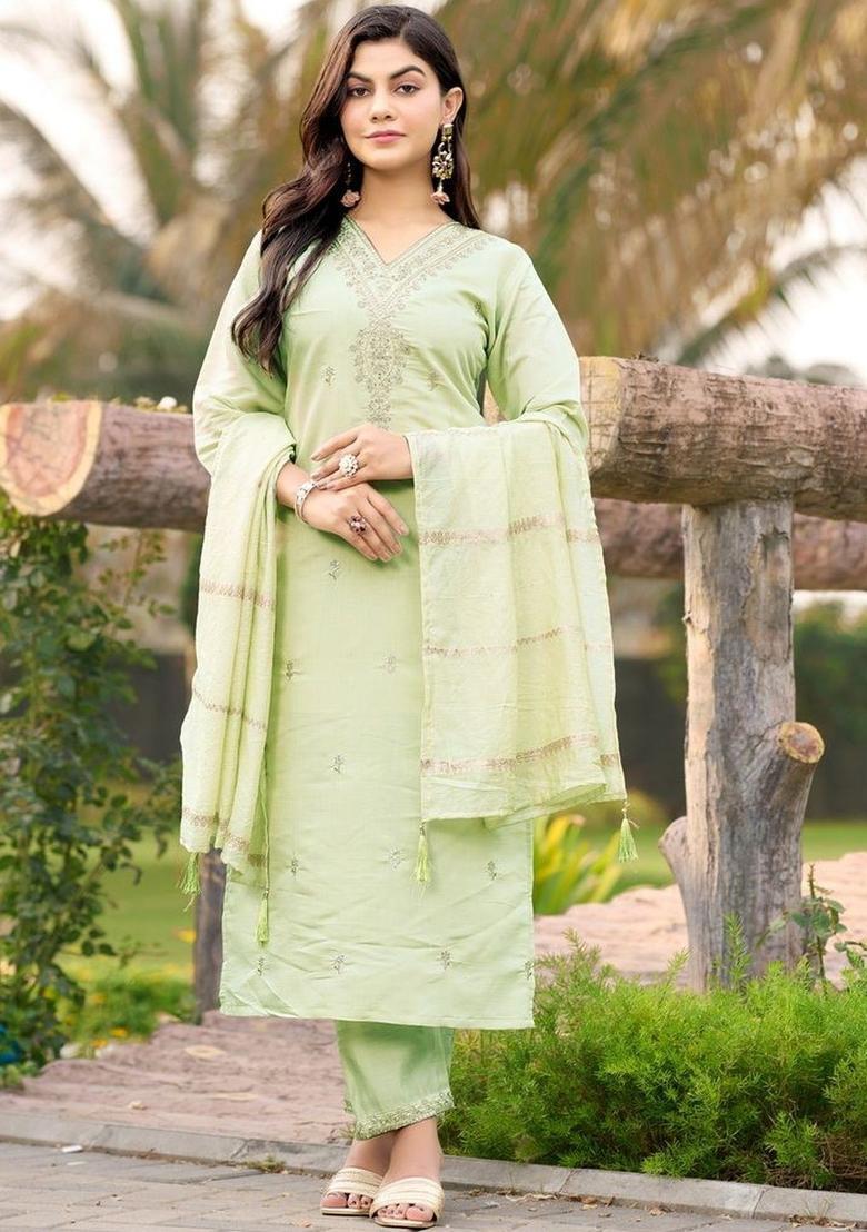 Lime Green Embroidered Silk Kurta Set - Indya