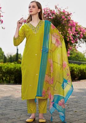 Lime Green Embroidered Viscose Kurta Set