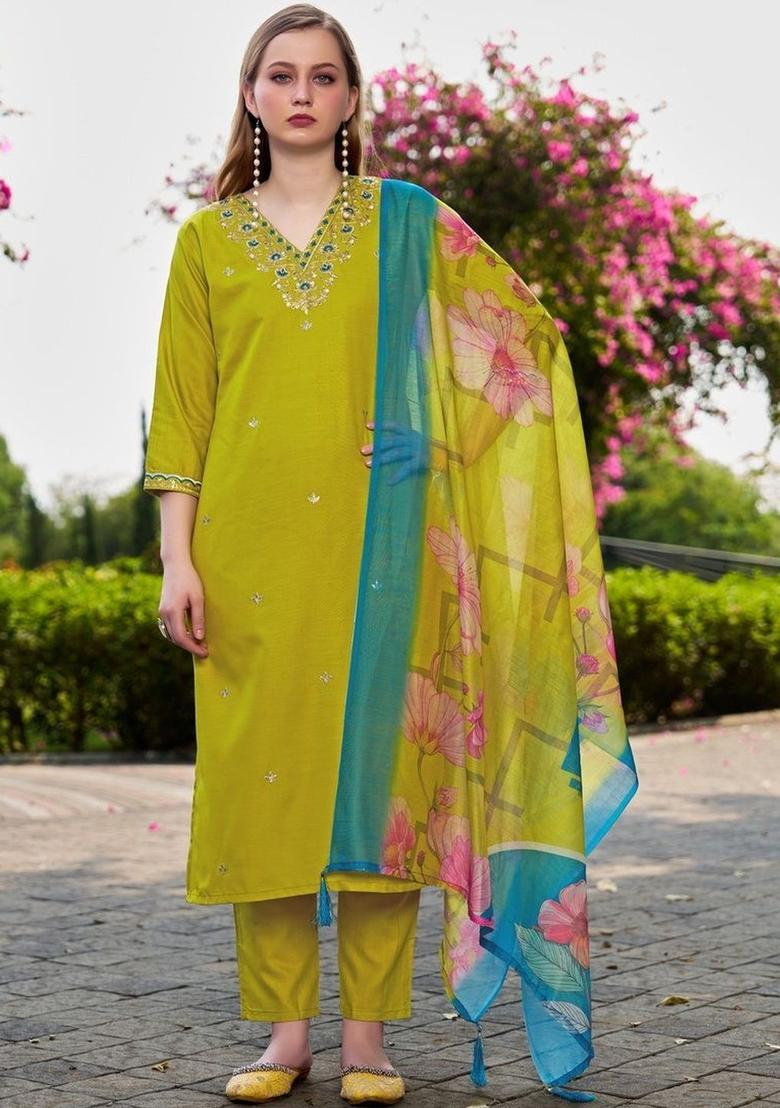 Lime Green Embroidered Viscose Kurta Set - Indya