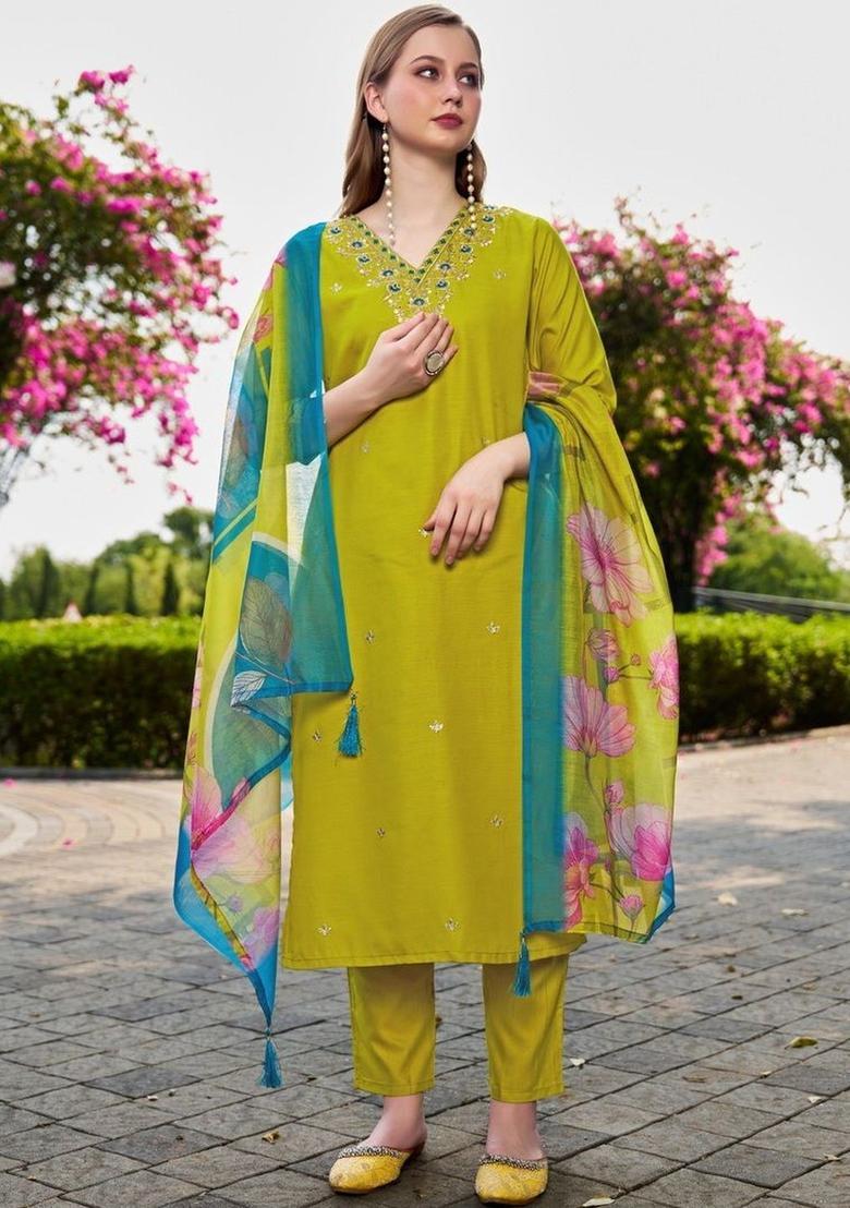 Lime Green Embroidered Viscose Kurta Set - Indya