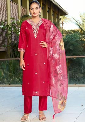 Red Embroidered Silk Kurta Set