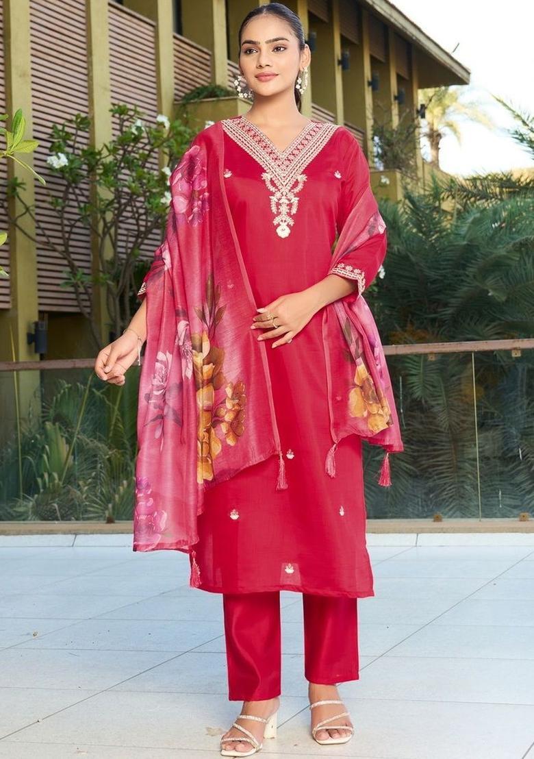 Red Embroidered Silk Kurta Set - Indya