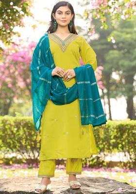 Lime Green Embroidered Silk Blend Kurta Set