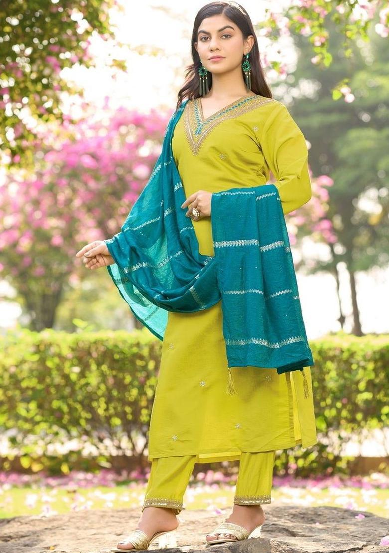 Lime Green Embroidered Silk Kurta Set - Indya