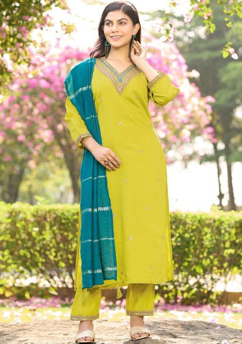 Lime Green Embroidered Silk Kurta Set - Indya