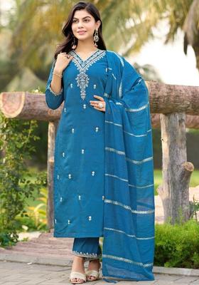 Teal Embroidered Silk Kurta Set