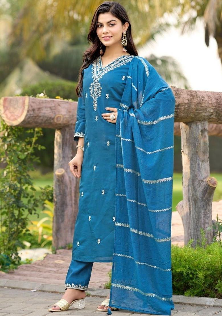 Teal Embroidered Silk Kurta Set - Indya