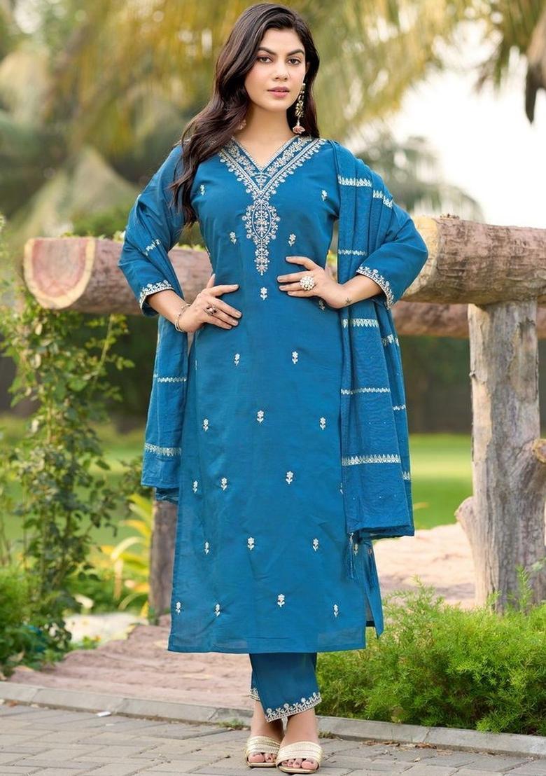 Teal Embroidered Silk Kurta Set - Indya