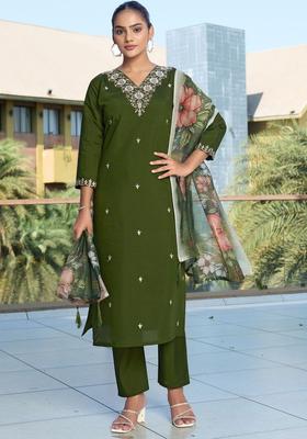 Olive Embroidered Silk Kurta Set