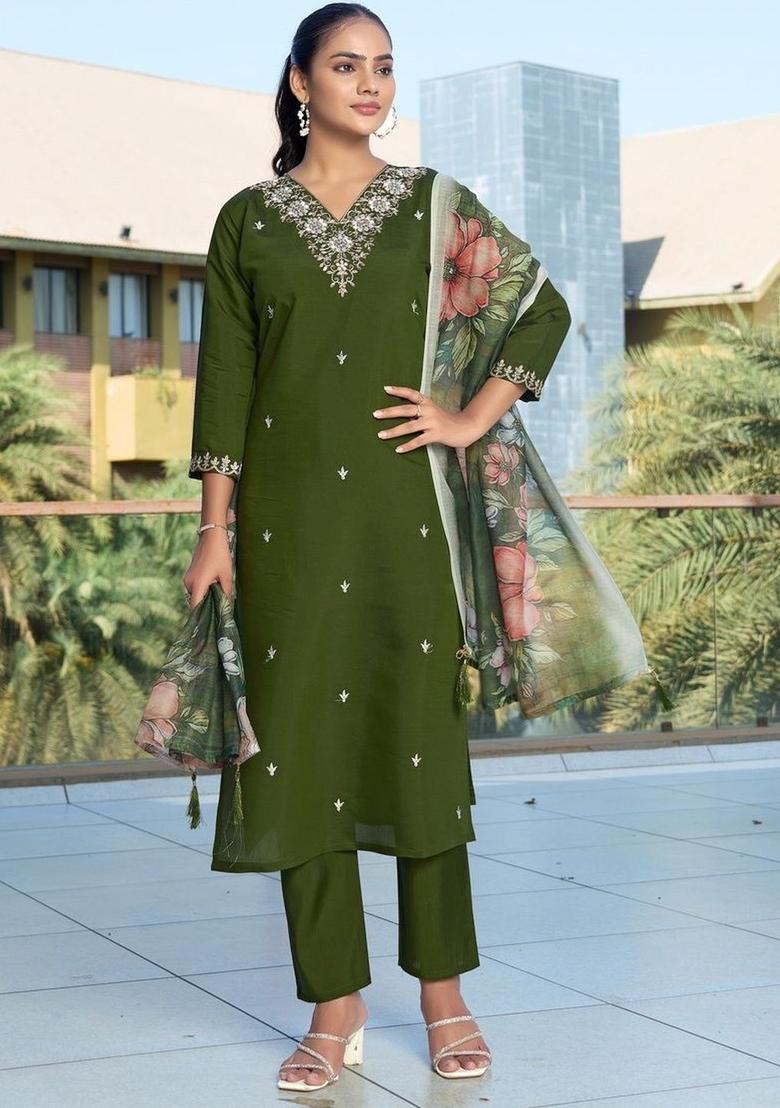Olive Embroidered Silk Kurta Set - Indya