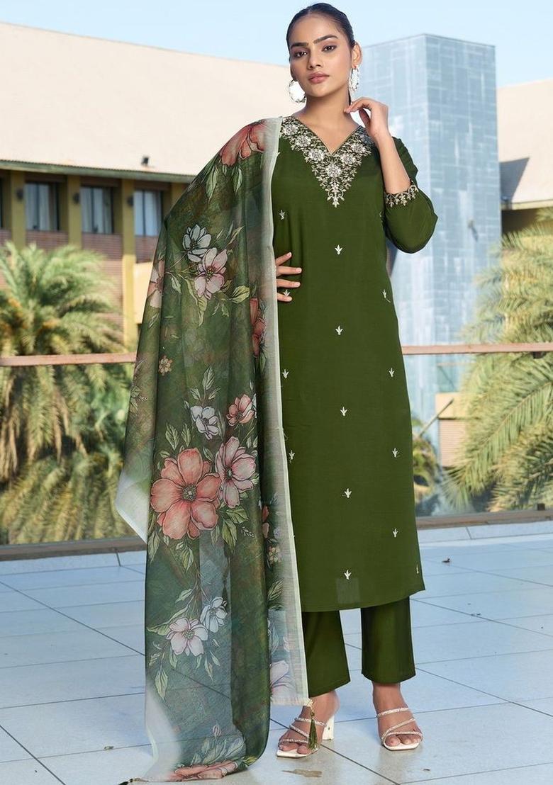 Olive Embroidered Silk Kurta Set - Indya