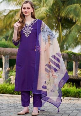 Purple Embroidered Viscose Kurta Set