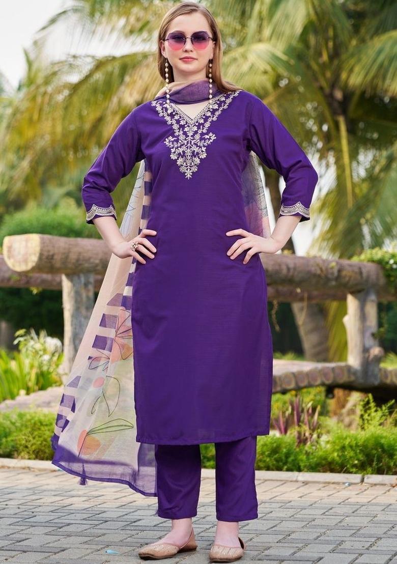 Purple Embroidered Viscose Kurta Set - Indya
