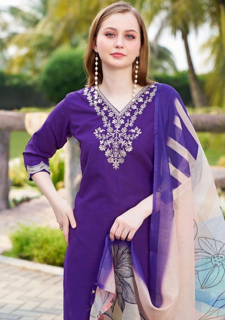 Purple Embroidered Viscose Kurta Set - Indya