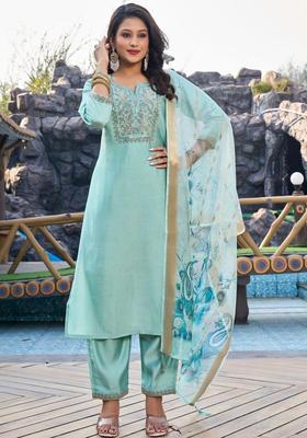 Sea Green Embroidered Silk Kurta Set