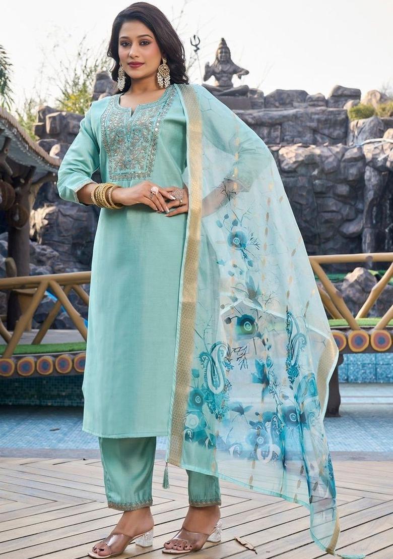 Sea Green Embroidered Silk Kurta Set - Indya