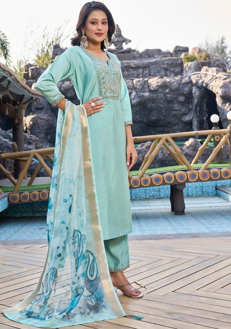Sea Green Embroidered Silk Kurta Set - Indya