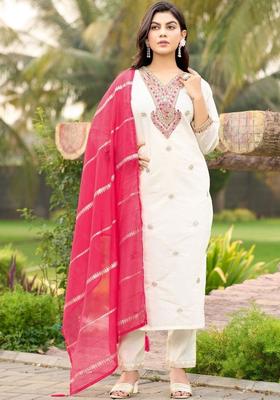 Off White Embroidered Silk Kurta Set