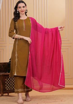 Brown Embroidered Cotton Kurta Set