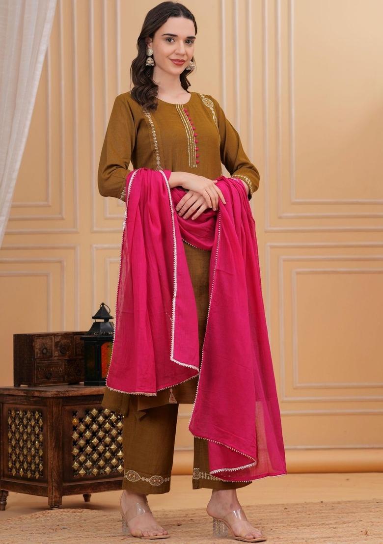 Brown Embroidered Cotton Kurta Set - Indya