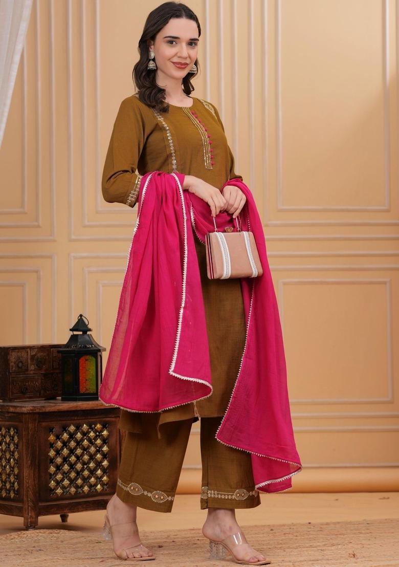 Brown Embroidered Cotton Kurta Set - Indya