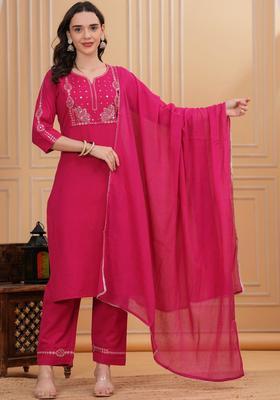 Magenta Embroidered Cotton Kurta Set