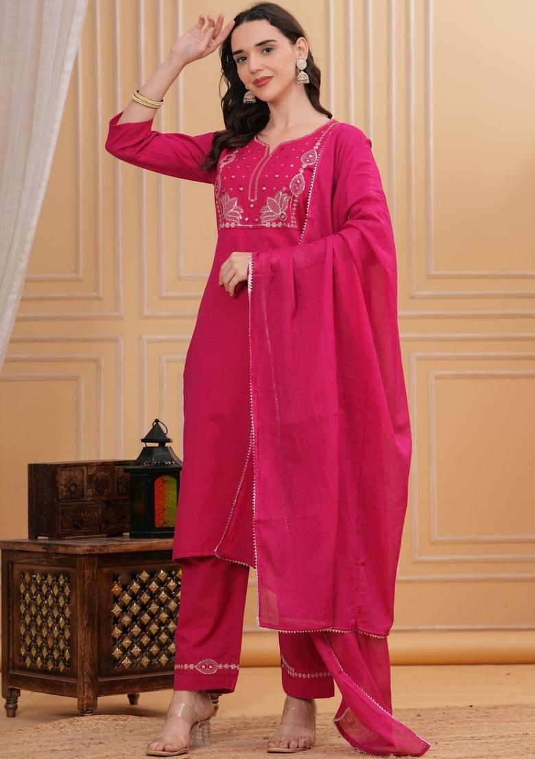 Magenta Embroidered Cotton Kurta Set - Indya