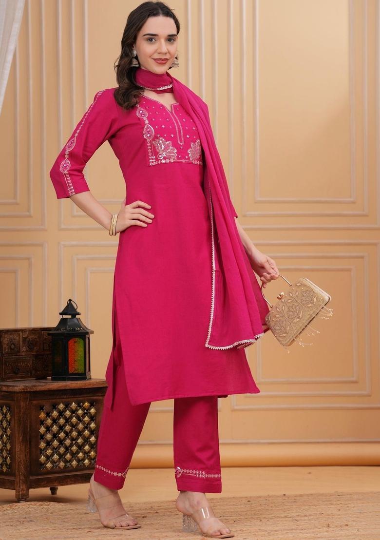 Magenta Embroidered Cotton Kurta Set - Indya