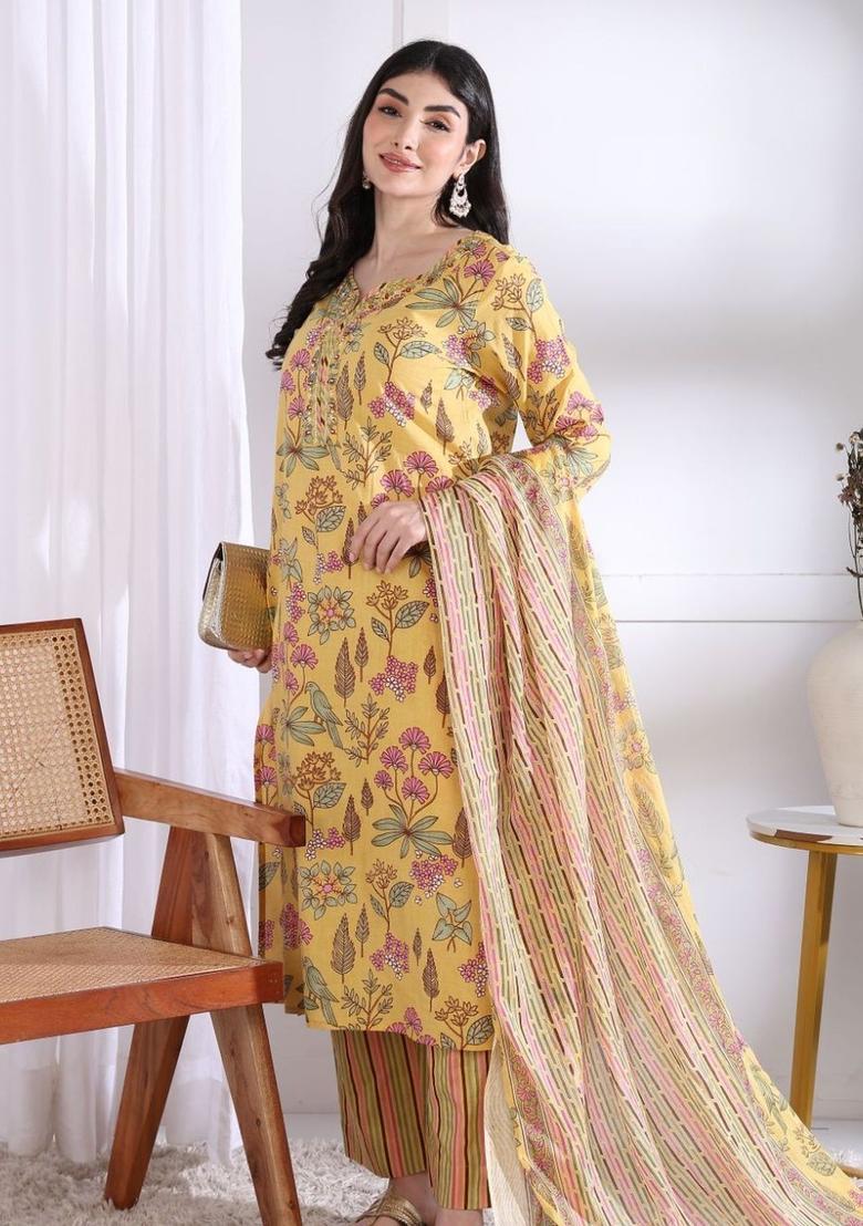 Yellow Printed Cotton Kurta Set - Indya