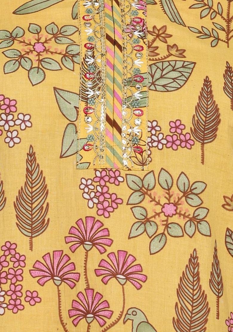 Yellow Printed Cotton Kurta Set - Indya