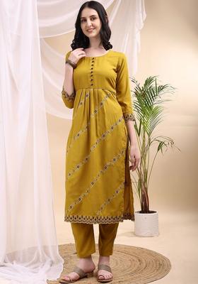 Mustard Embroidered Viscose Kurta Set