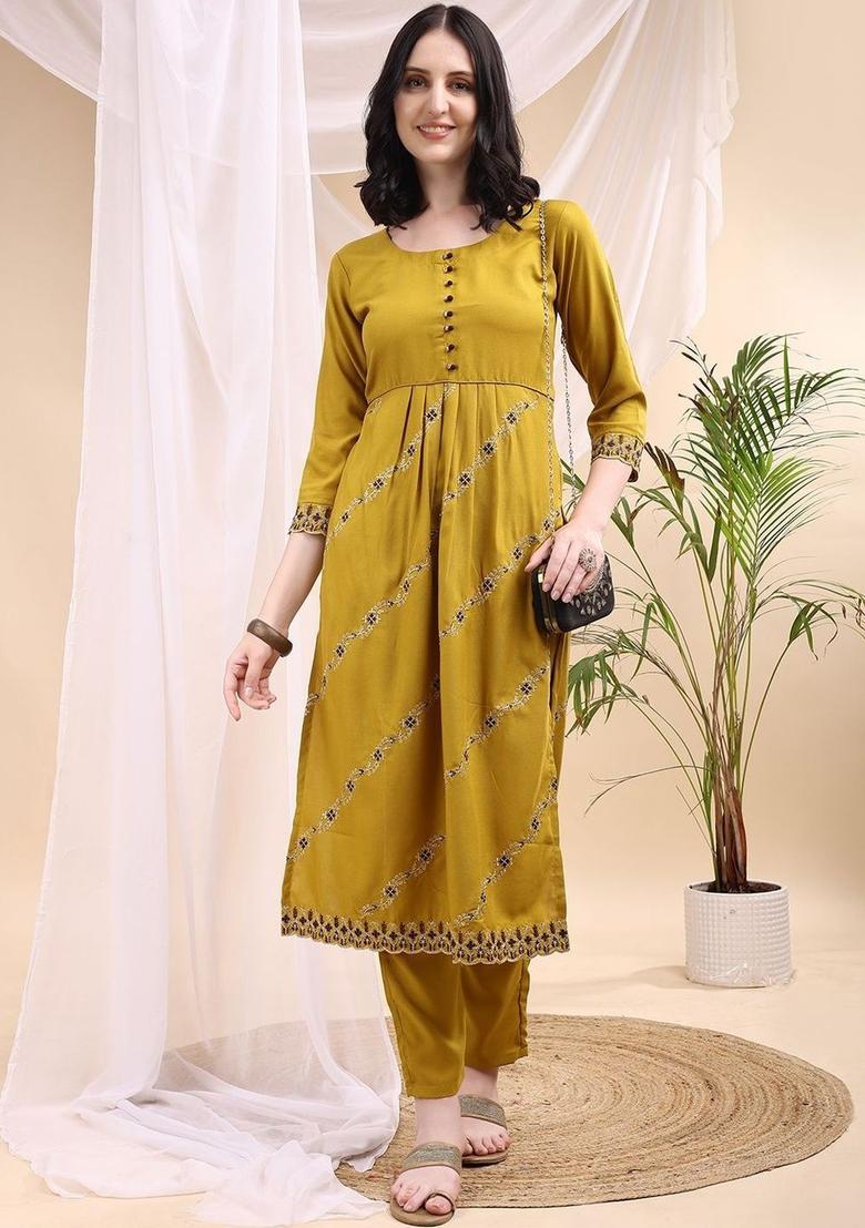 Mustard Embroidered Viscose Kurta Set - Indya