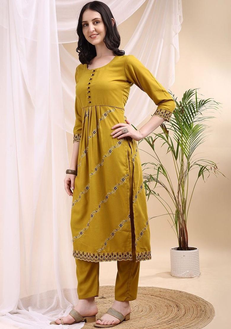 Mustard Embroidered Viscose Kurta Set - Indya