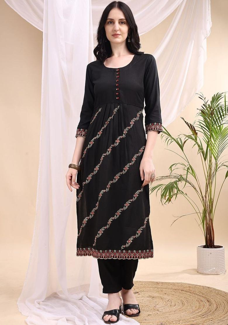 Black Embroidered Viscose Kurta Set - Indya