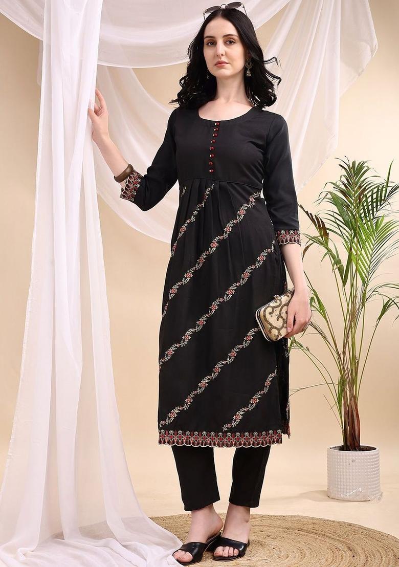 Black Embroidered Viscose Kurta Set - Indya