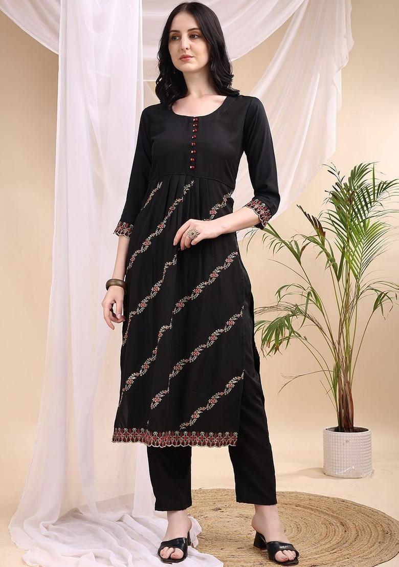 Black Embroidered Viscose Kurta Set - Indya